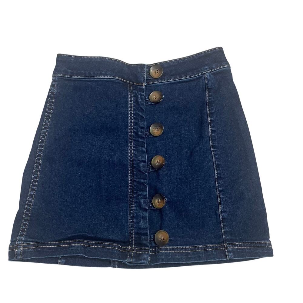 Free People Women’s Denim Mini Skirt Button Front Y2K Indie Sleek Stretch Sz 0